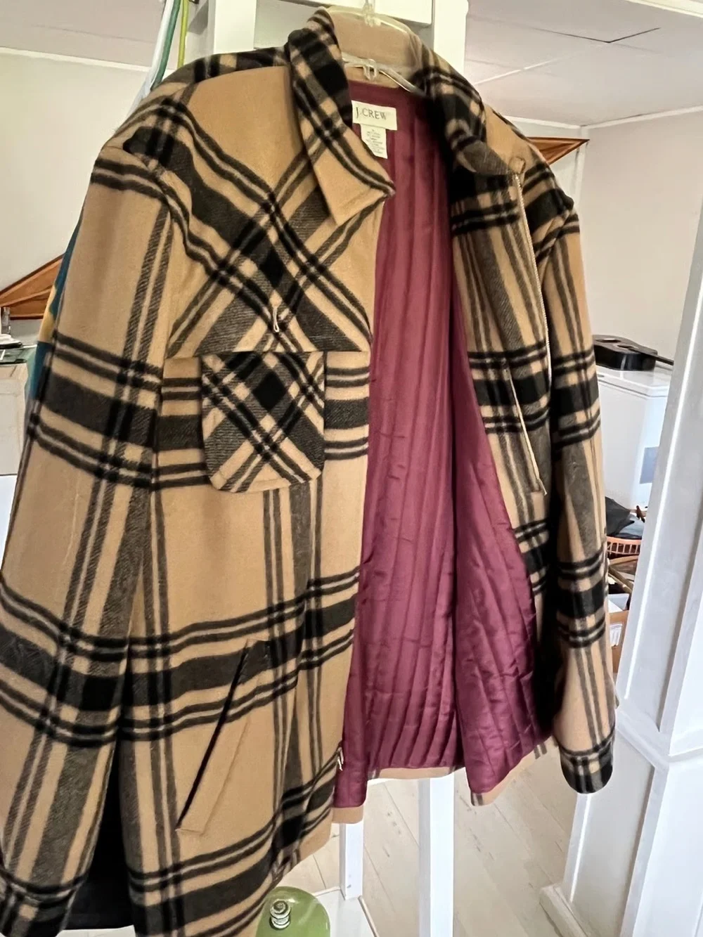 J.Crew Vintage Heavyweight Wool Plaid Jacket Coat Tan Black S